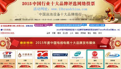 “富銳”榮登“2015年度中國泳池設備十大品牌”榜單